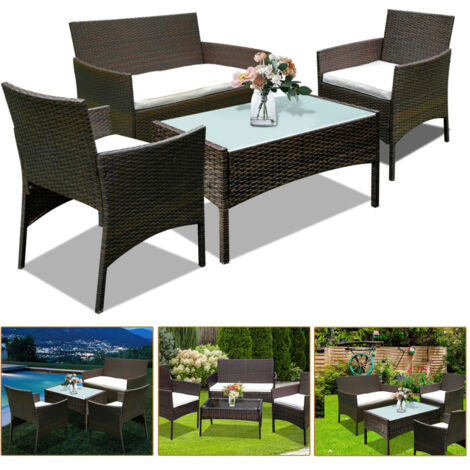SWANEW Set di mobili da giardino in resina intrecciata marrone - 4 posti - Divano + Poltrona + Tavolo