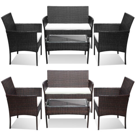 SWANEW Set di mobili da giardino in resina intrecciata marrone - 4 posti - Divano + Poltrona + Tavolo + Cuscini di seduta