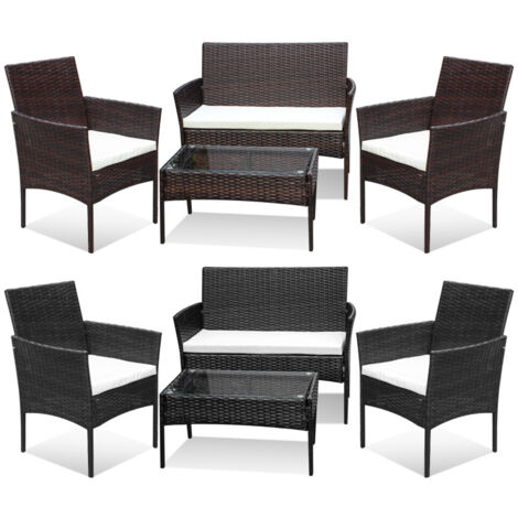 SWANEW Set di mobili da giardino in resina intrecciata nera - 4 posti - Divano + Poltrona + Tavolo + Cuscini di seduta