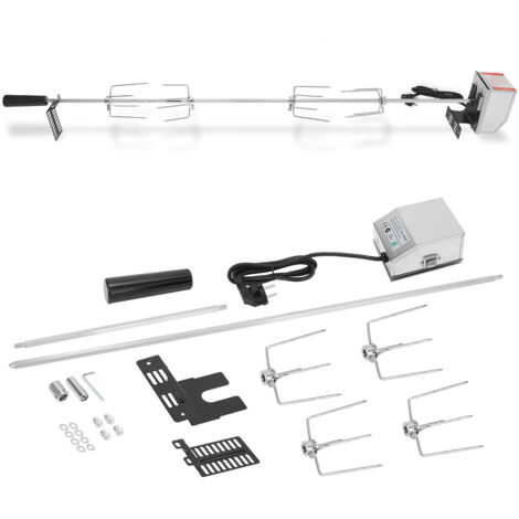 SWANEW Set di spiedini per griglia in Acciaio Inox Adatto con Clip per Barbecue. Manico e girarrosto a Motore. 4 Aghi per Carne. 117cm