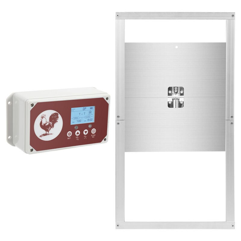 Image of Porta automatica per pollaio con sensore luminoso, telecomando, display lcd e timer, batteria e adattatore, alluminio, impermeabile IP44, 30x30cm