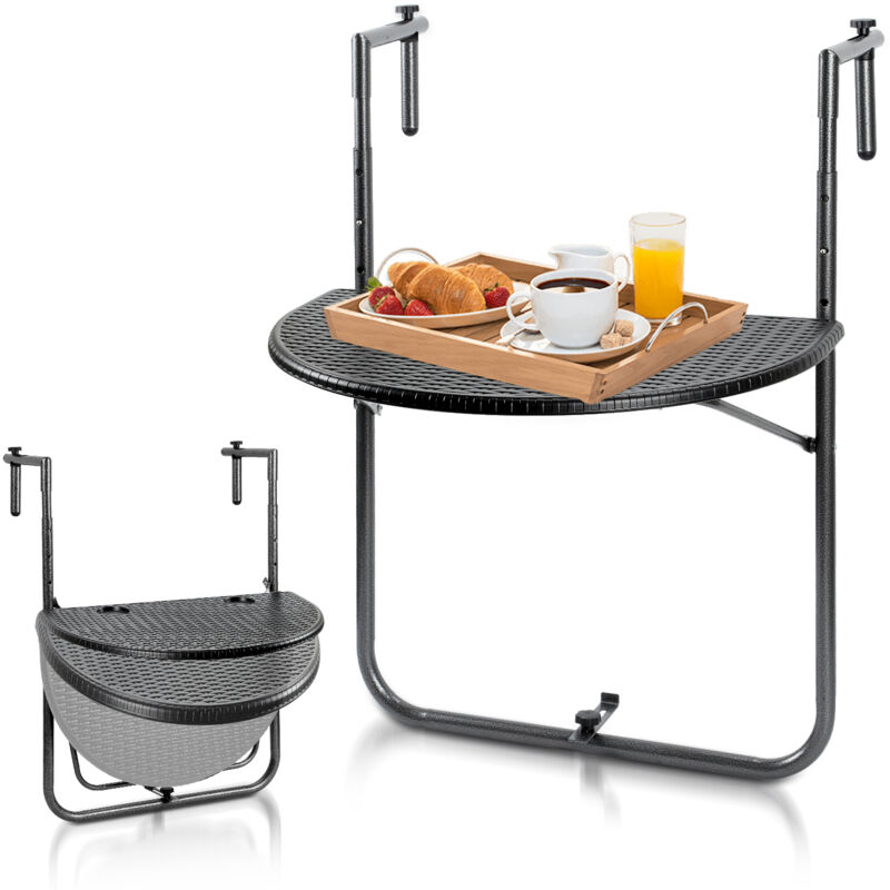 Table de balcon suspendue pour balcon dim. 84x60x64 cm hauteur réglable 3 niveaux métal époxy noir - Swanew