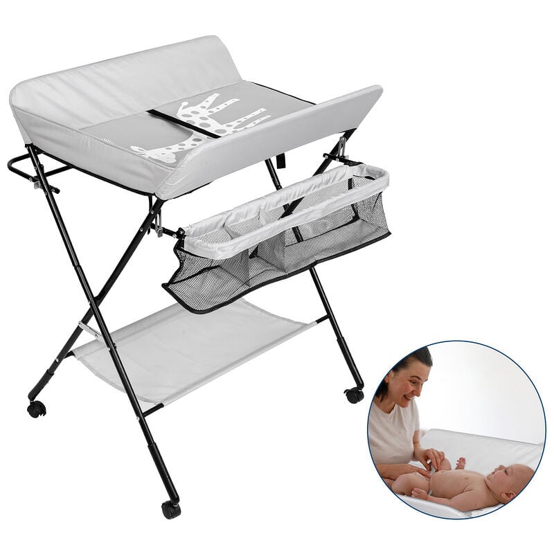 Swanew - Table à langer pliable pour bébé, Étagère à langer Combinaison à langer Réglable en hauteur avec panier de rangement Gris