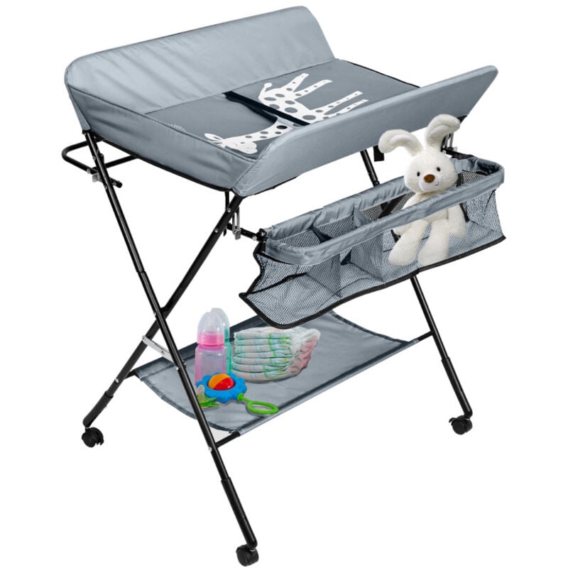 Swanew - Table à langer pliable pour bébé, Étagère à langer Combinaison à langer Réglable en hauteur avec panier de rangement Gris foncé