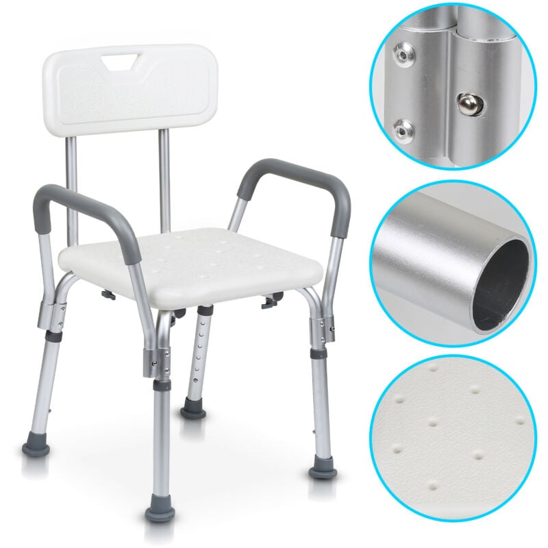 SWANEW Tabouret de douche chaise de douche tabouret de bain anti-dérapant jusqu'à 136kg avec accoudoir avec dossier aluminium