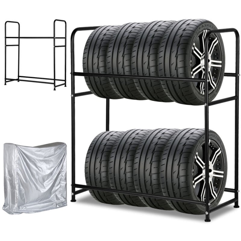 Swanew - tagère à pneus en fer Porte-pneu Support de pneus solide - Étagère du rangement des 8 pneus durable et robuste 107 x 46 x 117 cm, Noir