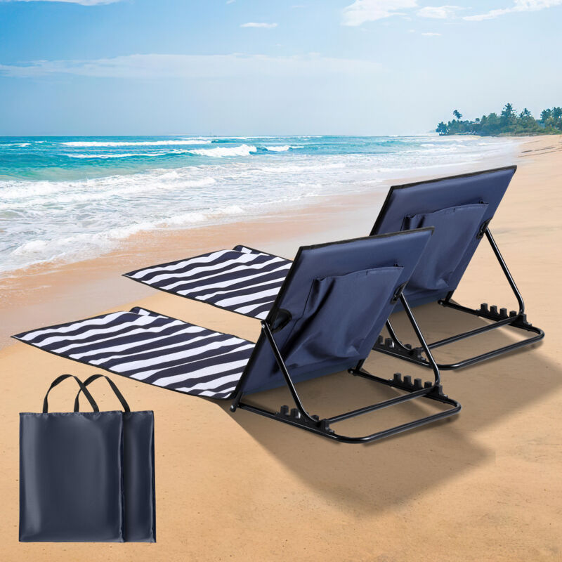 SWANEW Tapis de plage avec sangle de transport avec appui-tête appui-tête dossier réglable Polyester 600D Bleu et blanc 2 pièces 158cm x 55cm