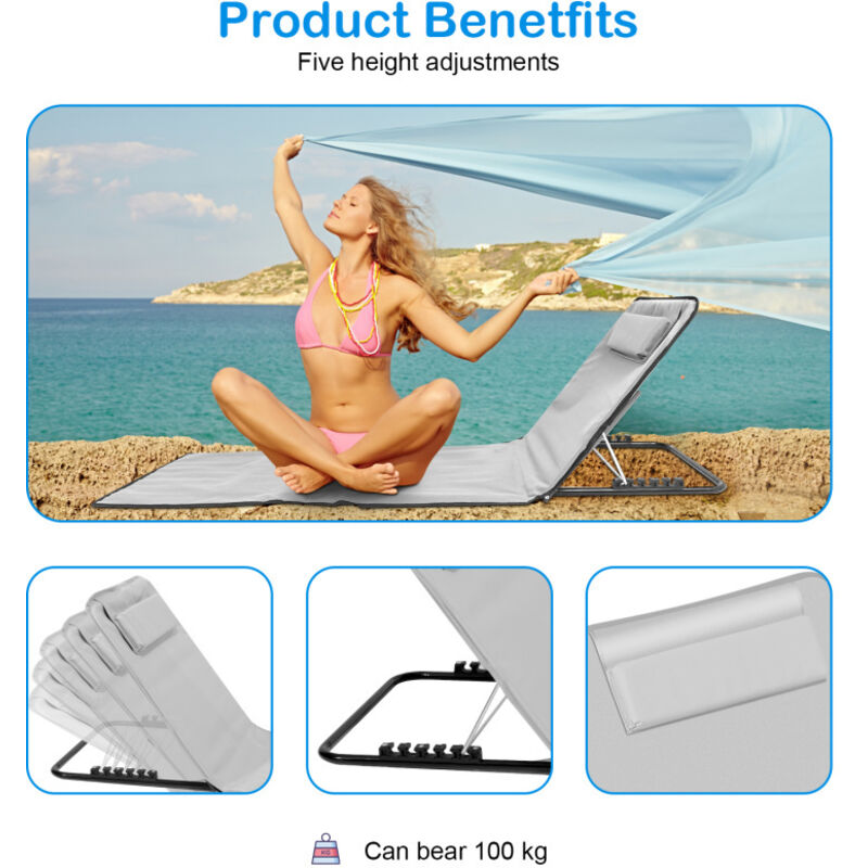 Swanew - Tapis de plage avec sangle de transport avec appui-tête appui-tête dossier réglable Polyester 600D Gris clair 2 pièces 145cm x 47cm