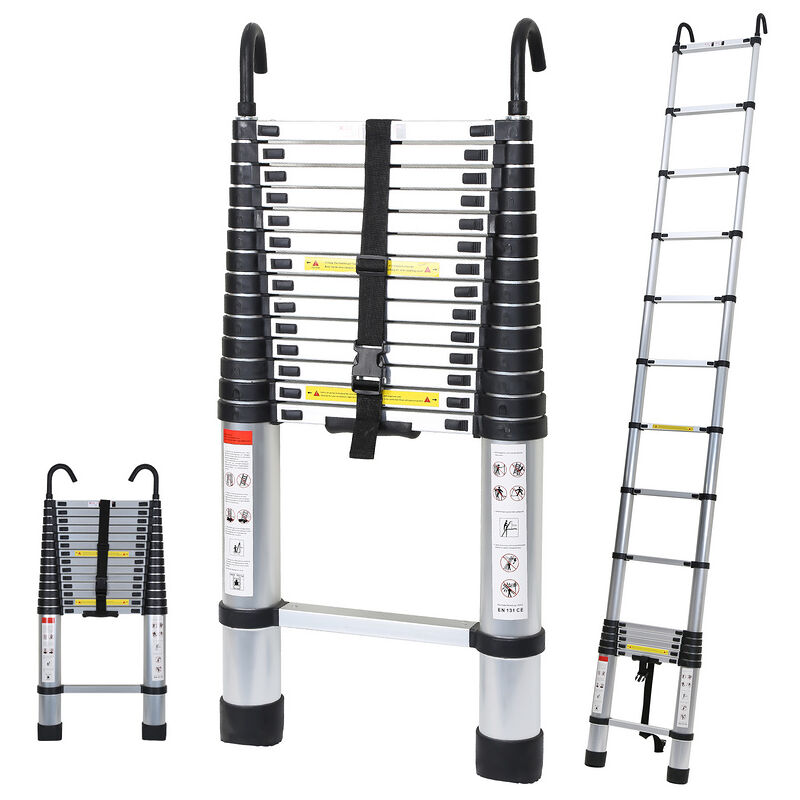 Echelle Télescopique jusqu'à 150 kg Escabeau stable en aluminium Portable Pliante 4,4m Avec Crochet Escabeau - Argent - Swanew