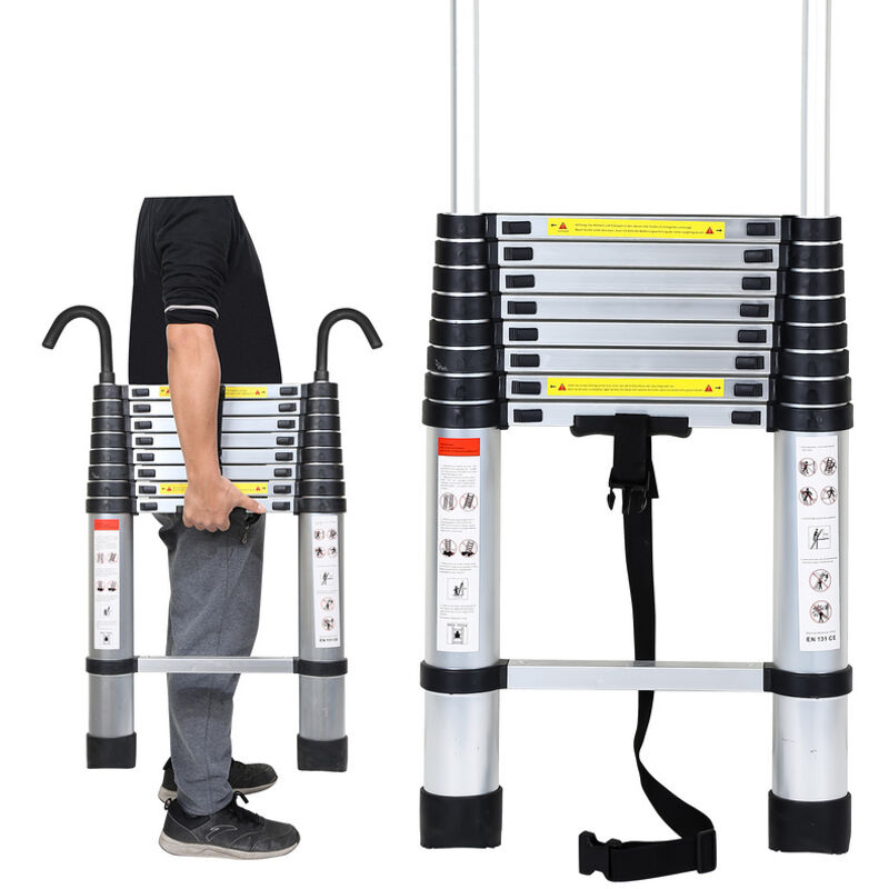 Echelle Télescopique jusqu'à 150 kg Escabeau stable en aluminium Portable Pliante 2,6m Avec Crochet Escabeau - Argent - Swanew