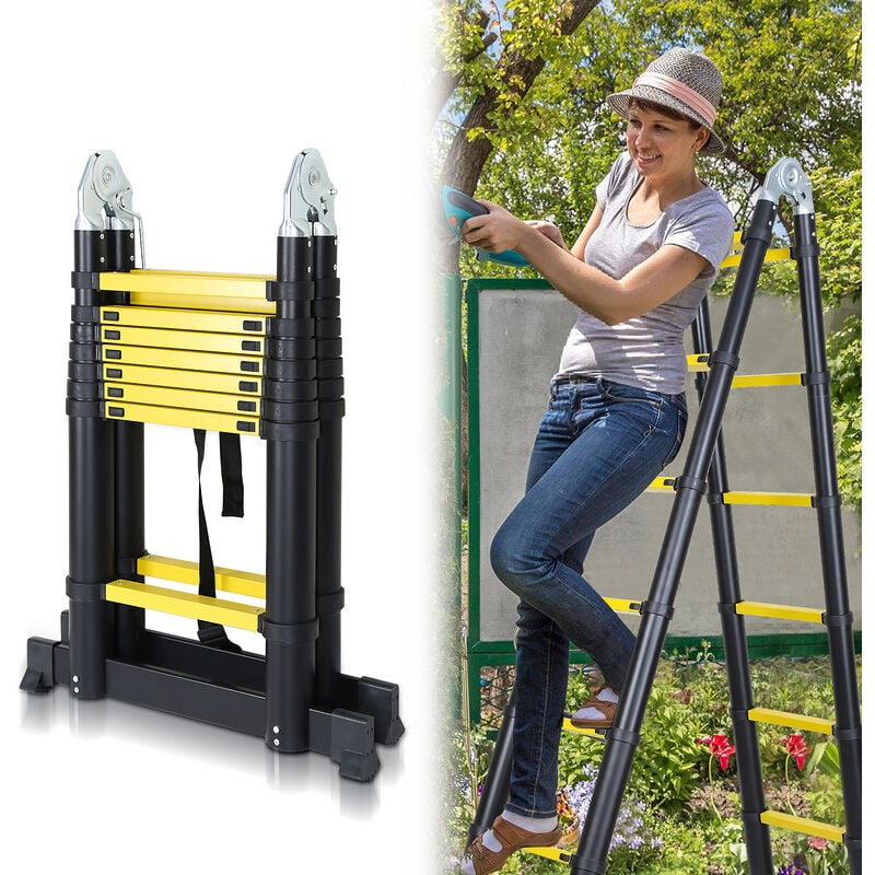 Swanew - Echelle Télescopique jusqu'à 150 kg Escabeau stable en aluminium Portable Pliante 2,5+2,5m Jaune noir - Argent