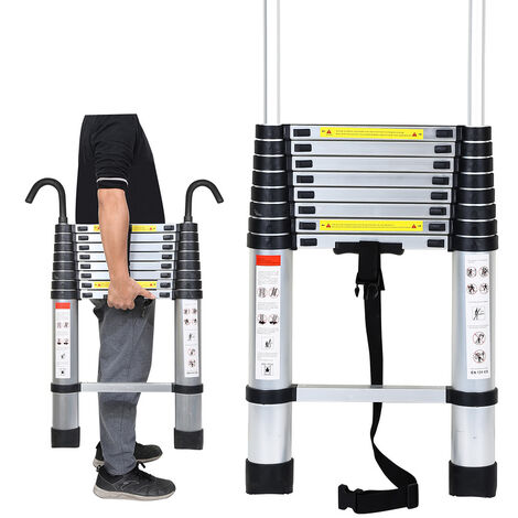 SWANEW Teleskopleiter Mit Haken Ausziehleiter  bis 150kg Stabil Aluminium Stehleiter