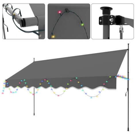SWANEW Tenda da sole manuale con maniglia Non richiede foratura Resistente all'acqua e al sole Altezza regolabile Con luci decorative Grigio 200cm