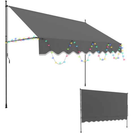 SWANEW Tenda da sole manuale con maniglia Non richiede foratura Resistente all'acqua e al sole Altezza regolabile Con luci decorative Grigio 250cm