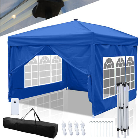 SWANEW Tenda pieghevole per feste Pergolato da giardino Tenda pieghevole protezione UV per esterni, campeggio con pannelli laterali 3x3m Blu con luce a led solare