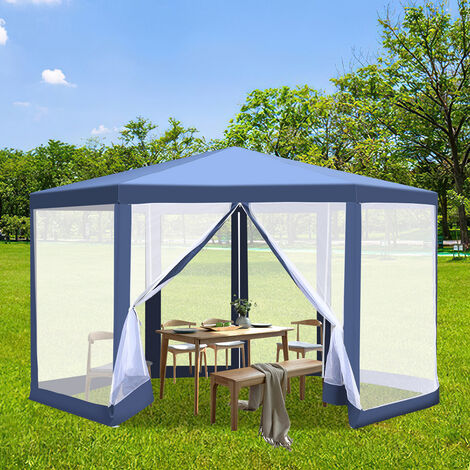 SWANEW Tente avec moustiquaire Pavillon avec moustiquaire Tente de réception Carport Pergola Stabilité Tente de réception 6 angles-bleu - bleu