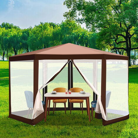 SWANEW Tente avec moustiquaire Pavillon avec moustiquaire Tente de réception Carport Pergola Stabilité Tente de réception 6 angles-marron - marron