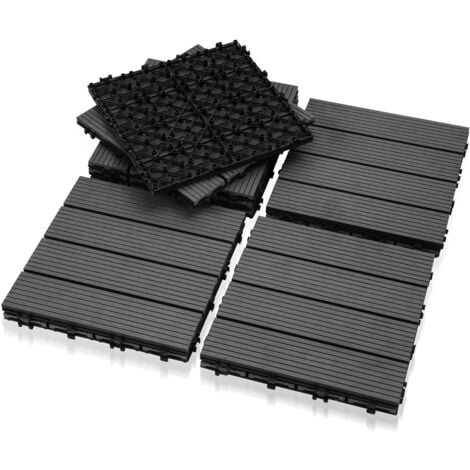 SWANEW Terrassenfliesen Holzfliesen WPC Fliesen 11er Kunststoff 1m² Garten 30x30cm Klickfliese Bodenbelag mit Drainage Anthrazit-grau
