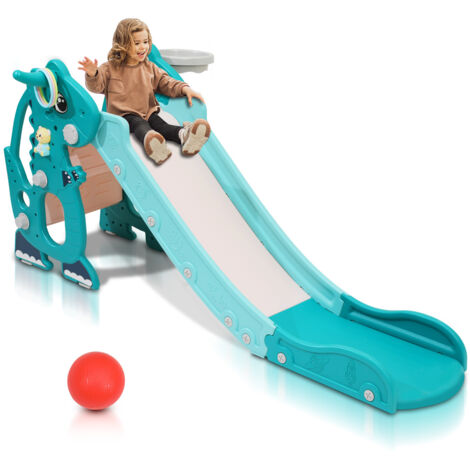 Swanew – Toboggan enfant 145 cm 4 en 1 – Matériau HDPE non toxique – Marchepied antidérapant – Panier de basket inclus