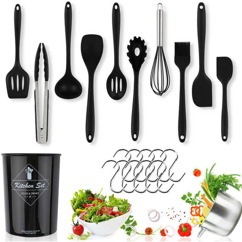 Ustensile de cuisine Silicone cuisine set de 12 outils de la spatule antiadhésive Noir - Swanew