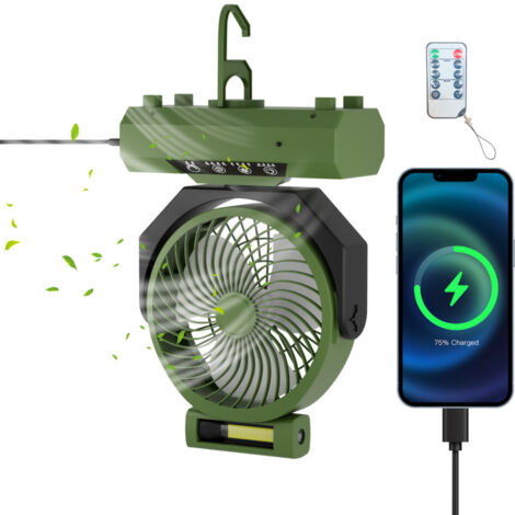 SWANEW Ventilatore da campeggio con LED, 3 impostazioni di luminosità, 4 velocità, batteria 20000 mAh, per casa ufficio auto e attività all'aperto, verde