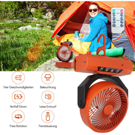 SWANEW Ventilatore da campeggio con LED, 4 velocità, 3 impostazioni di luminosità, batteria 20000 mAh, per casa ufficio auto e attività all'aperto, arancione