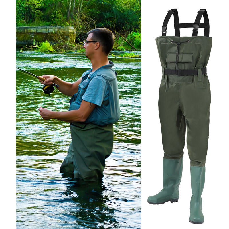 Waders deniers nylon avec crochet poisson étang de pêche pantalon imperméable pêcheur étang pantalon en caoutchouc avec bottes 46 - Vert - Swanew