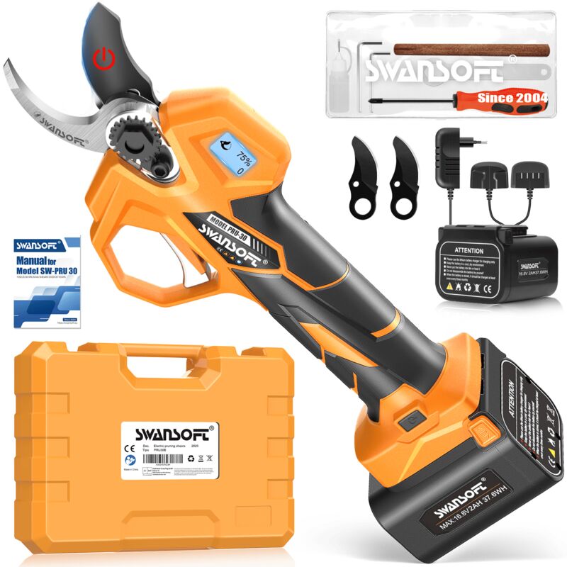 30mm sécateur électrique avec Anti-coupure et contrôle progressif, 16.8V 2x2Ah, 0.9kg cisaille sans fil légère pour jardin et verger PRU-30 - Swansoft