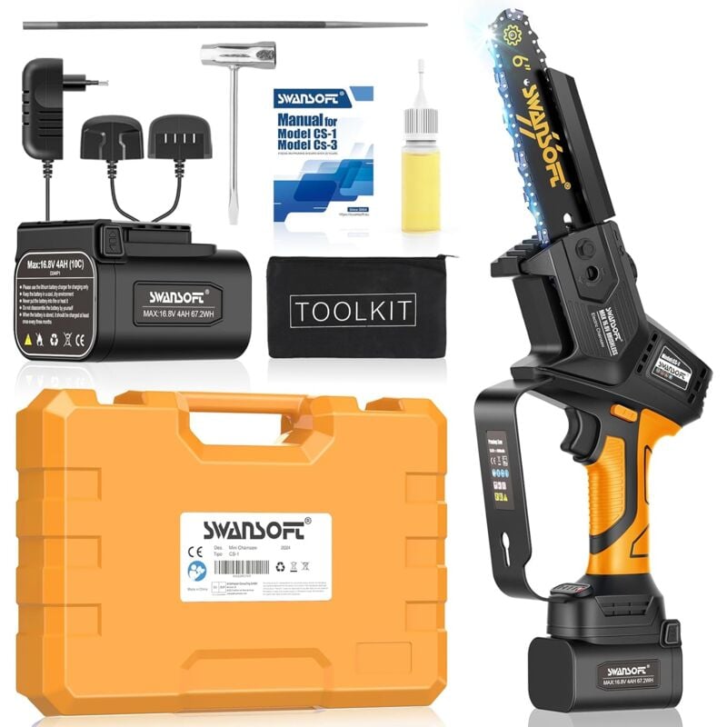 Swansoft - Tronçonneuse à batterie professionnelle de 6 pouces avec lubrification automatique, tronçonneuse électrique à une main avec batterie 16,8