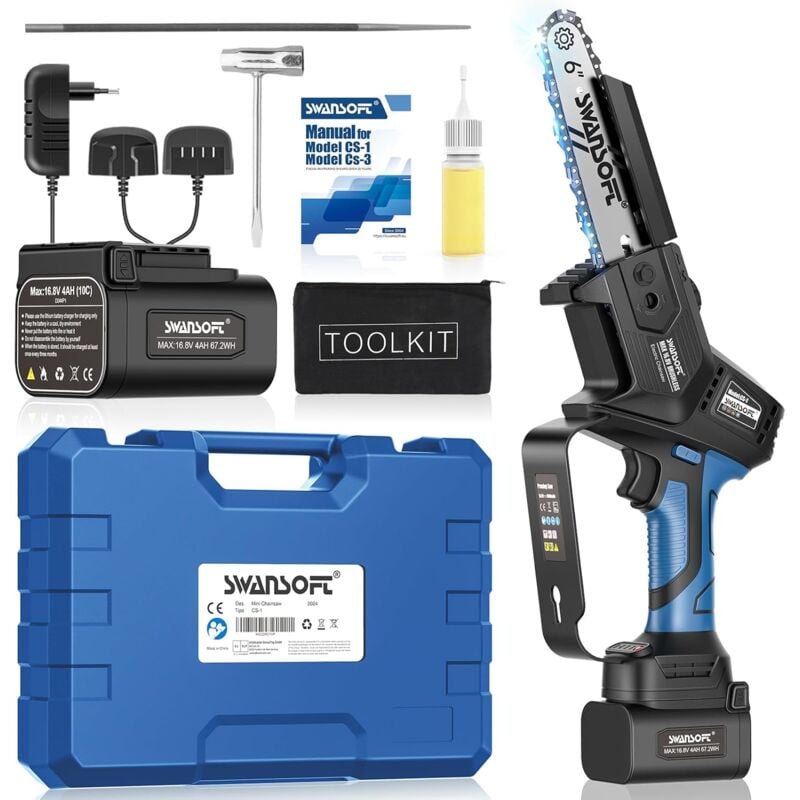 Swansoft - 6 Pouces Tronconneuse a Batterie, Tronconneuse Electrique sans fil à Une Main avec Batterie au Lithium 16.8v 2x4Ah pour la Coupe du Bois,