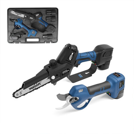 SWANSOFT Kit d'élagage, sécateur sans fil PRU28 + tronçonneuse à batterie 6' + 3 batteries, kit 2 en 1, idéal pour l'élagage et le jardinage à faire soi-même