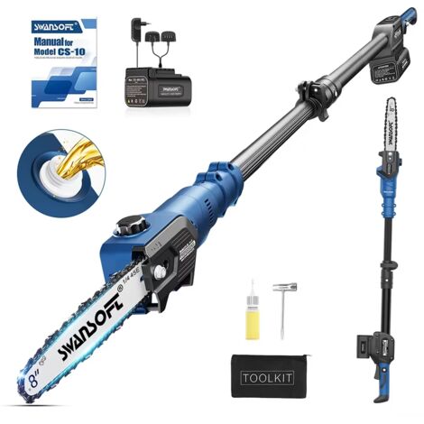 SWANSOFT Tronçonneuse télescopique à batterie 8'' (20 cm), 600 W/2 x 21 V 4000 mAh, professionnelle, lubrification automatique, 10 m/s (CS-10)