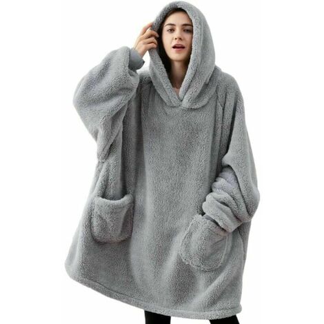 Sweat Plaid a Capuche Adulte Plaid Polaire avec Manche Femme Homme Couverture à Capuche avec Manche Poches Portables, Plaid Pull Couverture Canape TV Hiver, 95x85 cm Gris