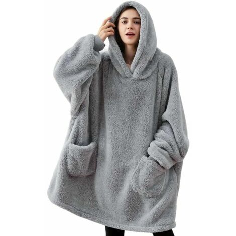Sweat Plaid a Capuche Adulte Plaid Polaire avec Manche Femme Homme Couverture à Capuche avec Manche Poches Portables, Plaid Pull Couverture Canape TV Hiver, 95x85 cm Gris