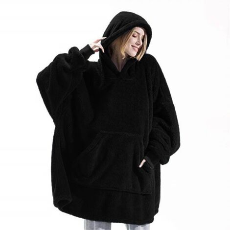 Sweat Plaid a Capuche Adulte Plaid Polaire avec Manche Femme Homme Couverture à Capuche avec Manche Poches Portables, Plaid Pull Couverture Canape TV Hiver, 95x85 cm Noir
