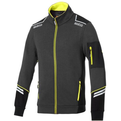 Sweat technique entie'rement zippe' Sparco Alabama en coton Gris Fonce'/Jaune Fluo Taille. Manches renforce'es XS avec inserts anti-abrasion et bandes re'fle'chissantes grigio scuro + giallo fluo XS