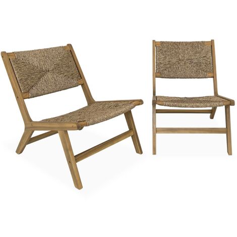 sweeek - 2er Set Gartensessel, Holz und Kunststoff mit Strohlook, drinnen/draußen