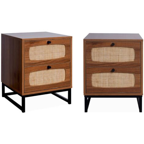 sweeek - 2er-Set Nachttische mit Holzdekor und Rattan-Geflecht