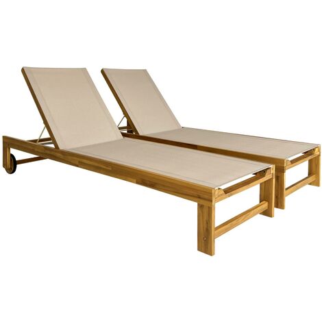 sweeek - 2er-Set Sonnenliegen aus Akazienholz, mehrere Positionen, mit Rollen