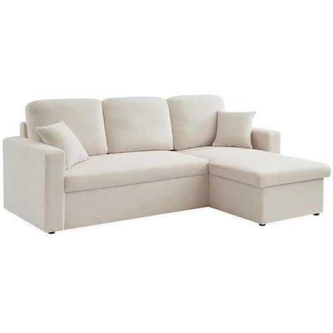 sweeek - 3-Sitzer Schlafsofa mit beidseitig montierbarer Recamiere und Bouclé-Bezug, Bouclé, Creme