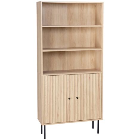 sweeek - Bücherregal mit gerilltem Holzdekor und schwarzem Metall, 2 Türen