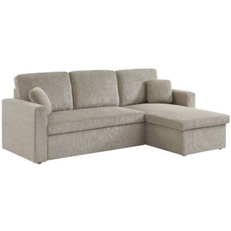 sweeek - Ecksofa mit Schlaffunktion, Cord-Bezug, breit gerippt, 3-Sitzer, Cord, Greige