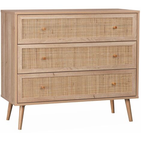 sweeek - Kommode mit Holzeffekt und Rattan-Geflecht 3 Schubladen