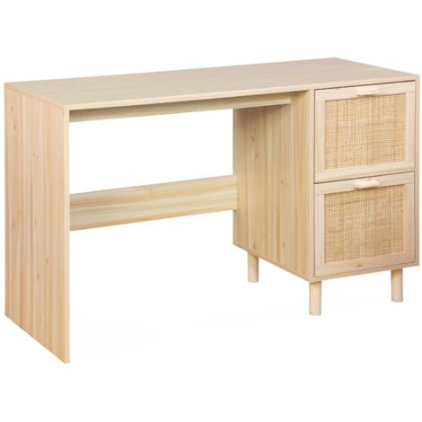 sweeek - Schreibtisch mit Holzdekor und Rattan-Geflecht