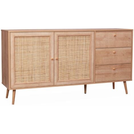 sweeek - Skandinavisches Sideboard, Holzeffekt mit Rattangeflecht, 2 Türen, 150 cm