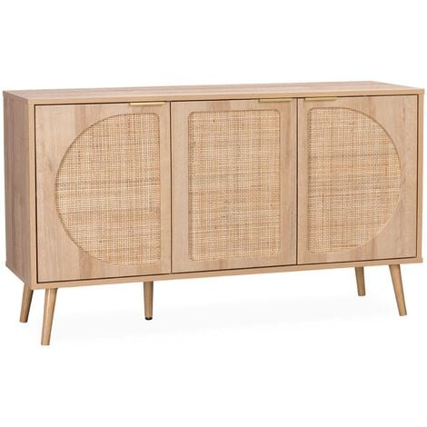 sweeek - Skandinavisches Sideboard mit Holzdekor und abgerundetem Rohrgeflecht 1 Tür 80cm