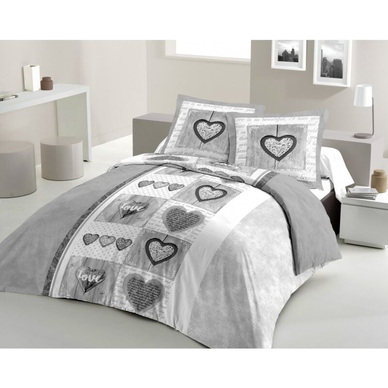Les Tendances - Parure de couette 3 pieces coton 57 fils gris clair 220x240 cm - sweet heart