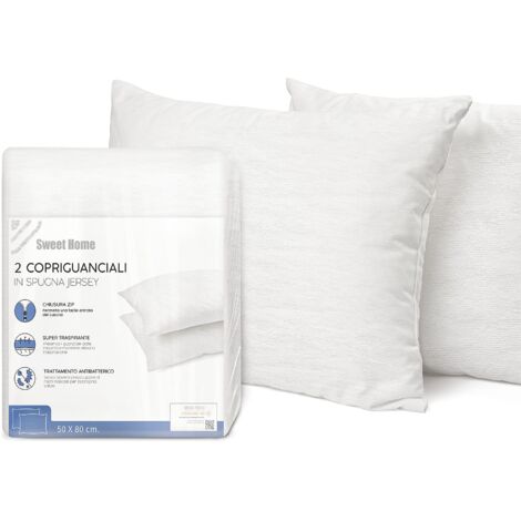 SWEET HOME - Set 2 Federe Copricuscini in Spugna Jersey e Cotone con Chiusura a Zip, Super Traspirante, Antipiega e Antibatterico - Copri Cuscini Lavabile e Certificato - Copricuscini 50x80 cm, Bianco