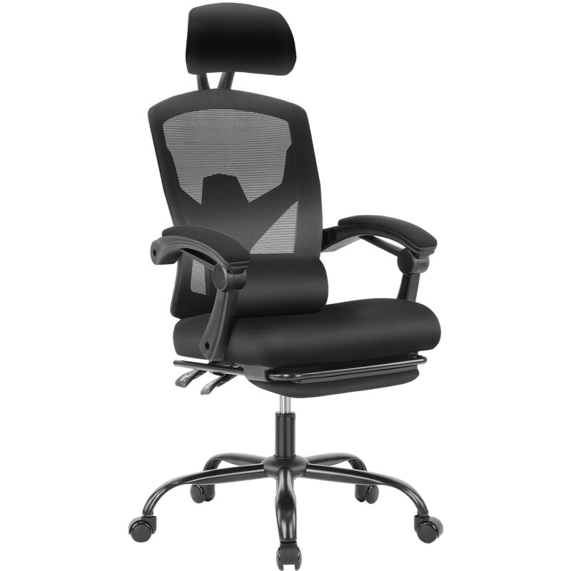 Chaise de bureau, chaise ergonomique, réglable en hauteur, avec repose-pieds, chaise pivotante à 360° (noir)