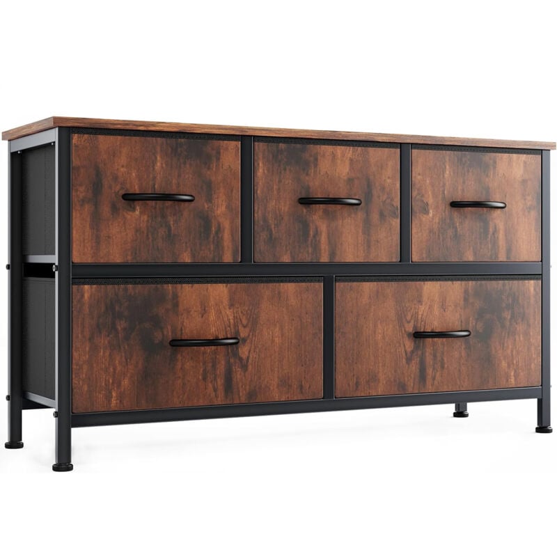 Commode contemporaine à 5 tiroirs en tissu avec poignées, structure en métal, 100 x 30 x 53 cm (marron)